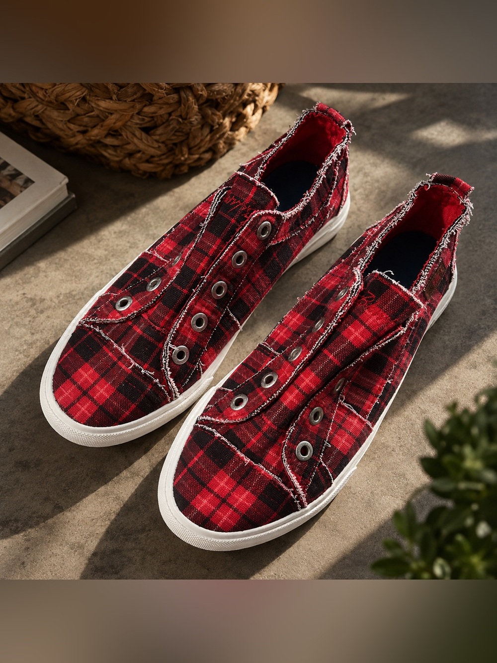 Men's Blowfish Malibu "Play" Slip-On Sneakers in Red Grand Canyon Plaid